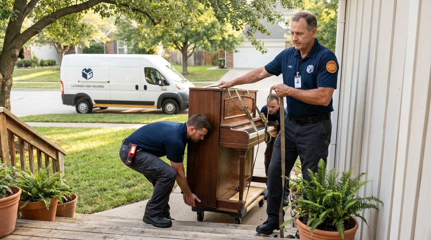 Licensed piano movers securing grand piano in Salinas, PR