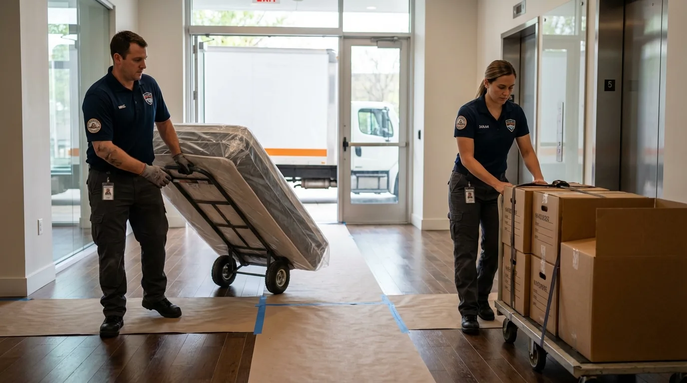 Professional apartment movers loading elevator in Salinas, PR