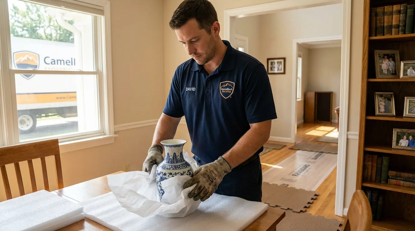 Professional crew carefully wrapping antique vase for senior downsizing move in Salinas, PR